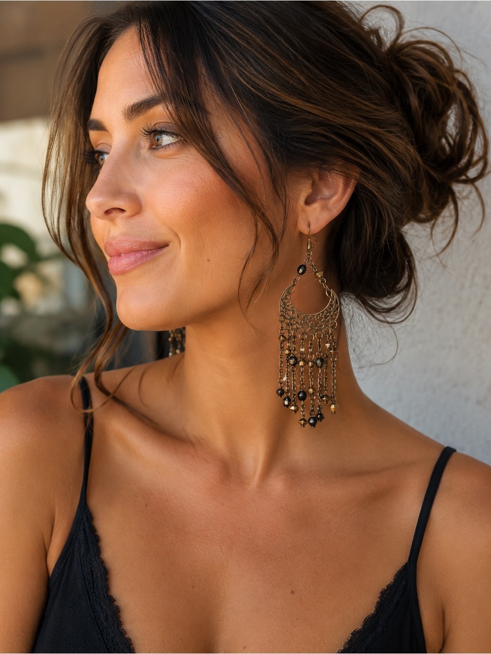 Chico’s boho-style gold chandelier earrings black beaded drops filigree design